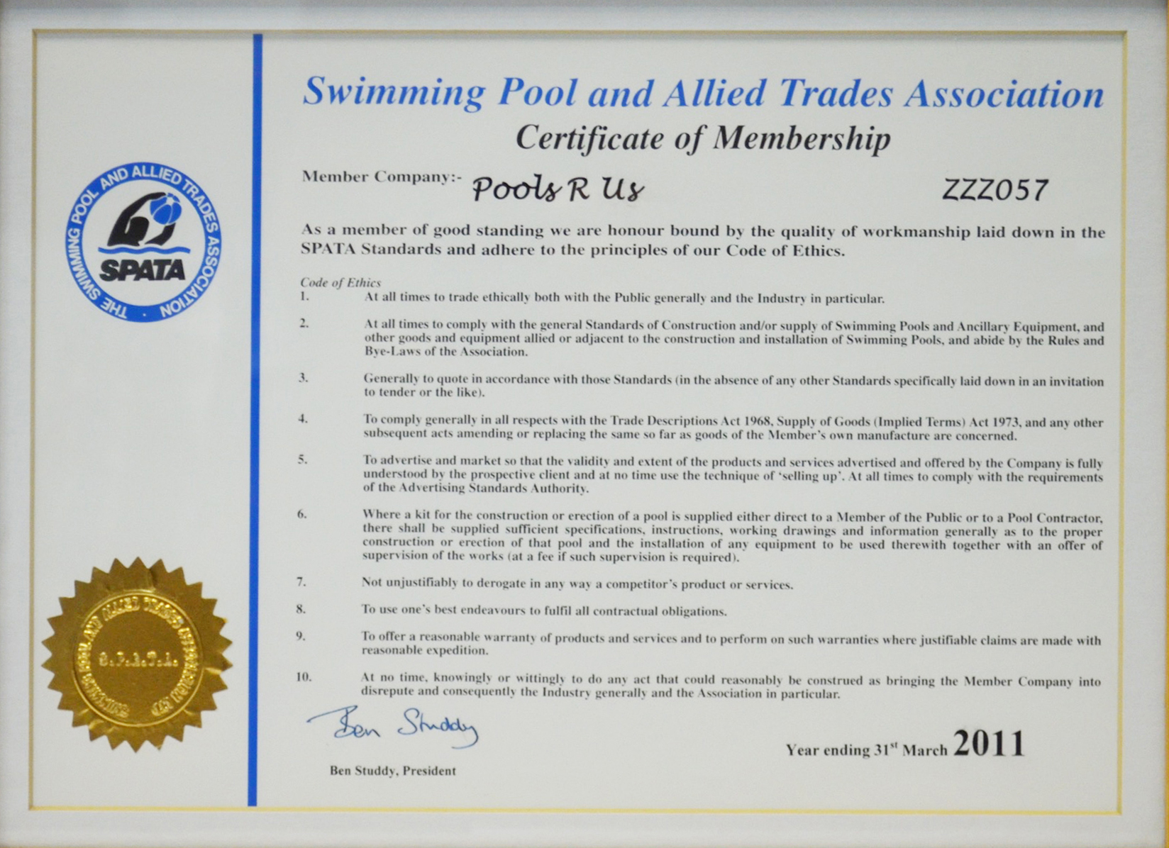 Pools R Us certification document