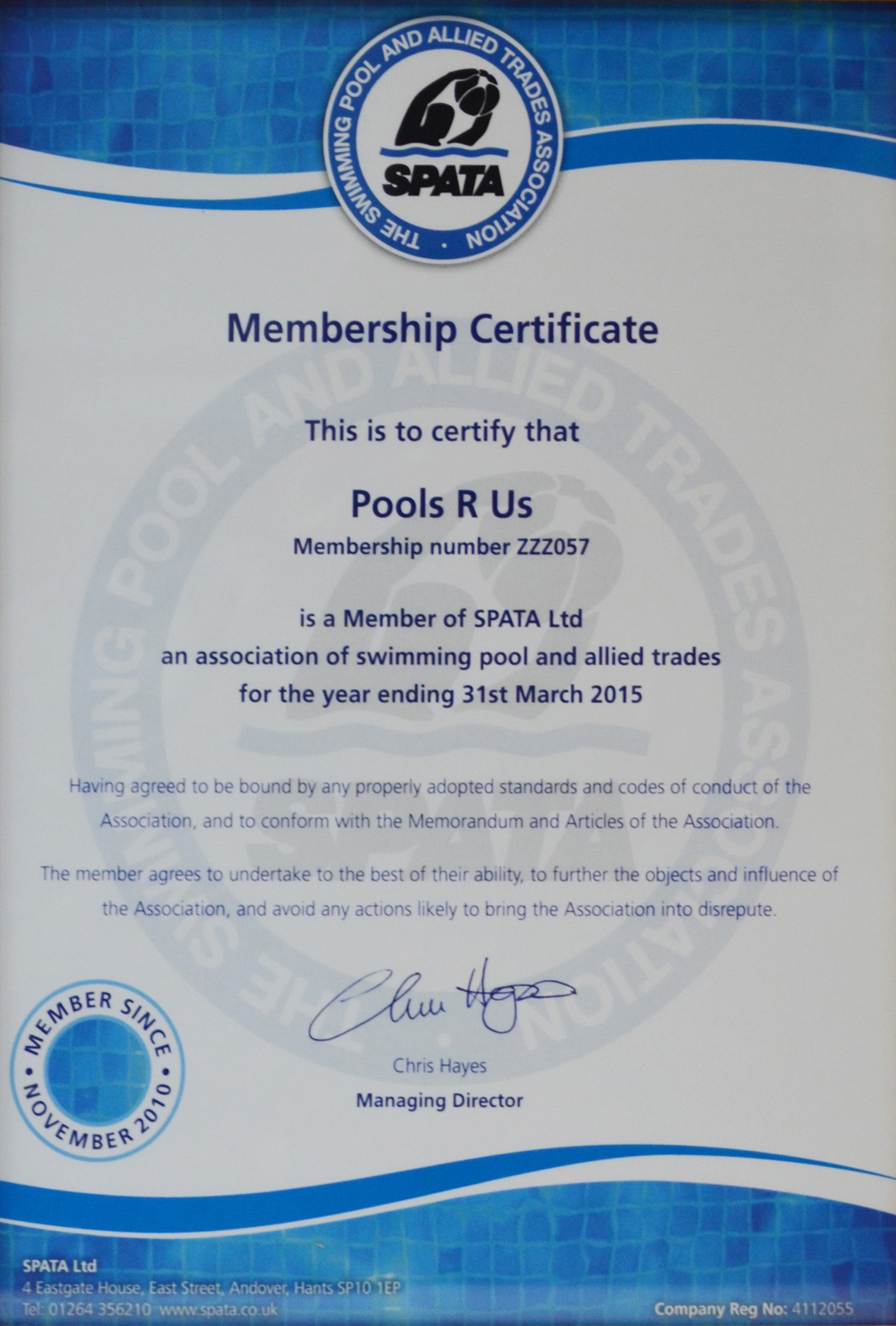 Pools R Us certification document