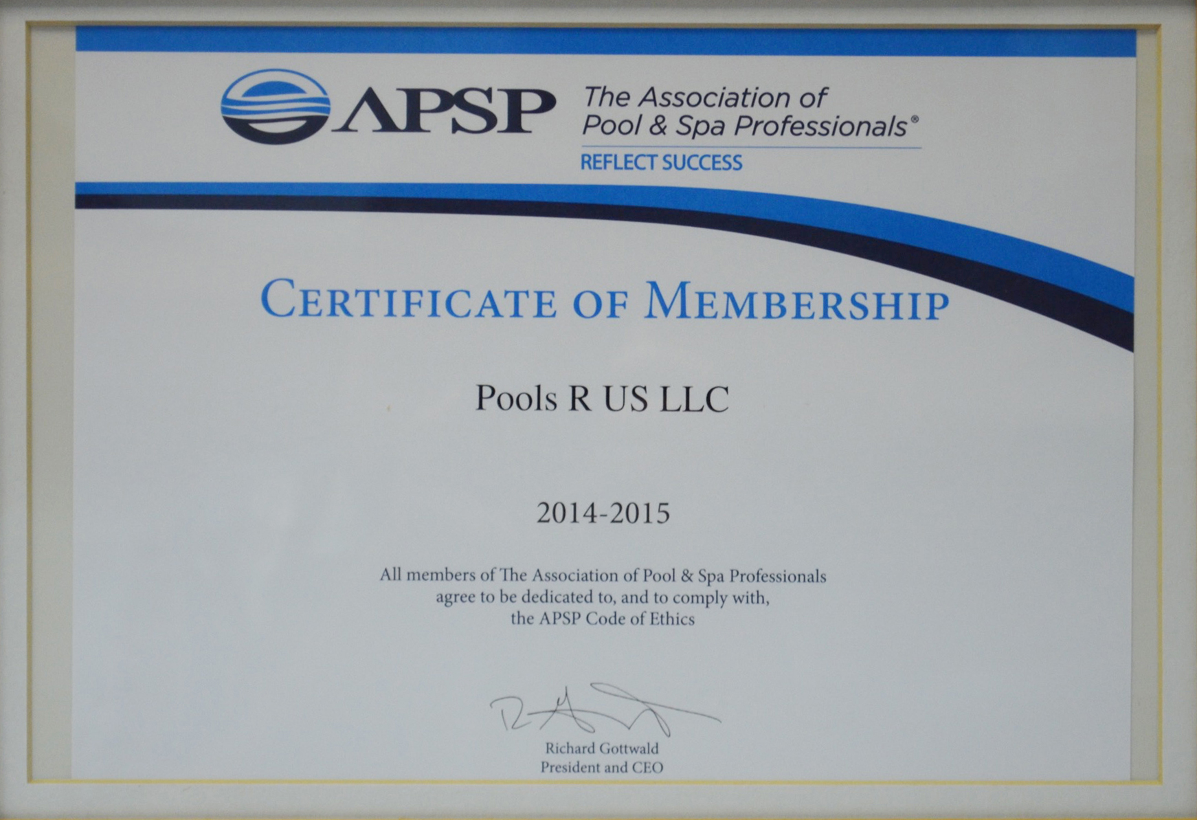 Pools R Us certification document